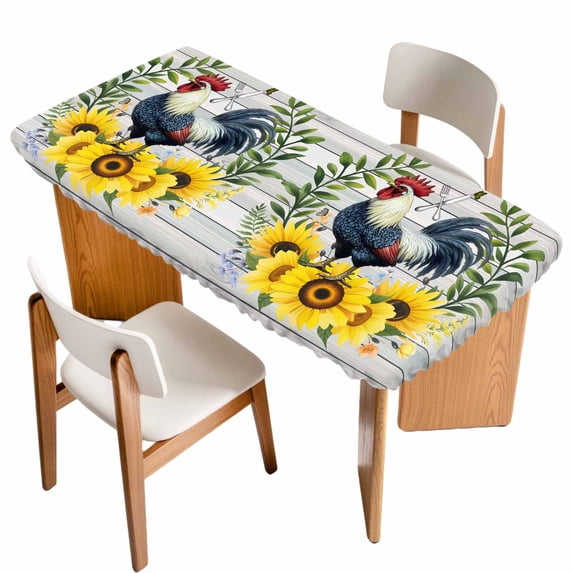 Sunflowers Rooster Table Cloths for 5 Foot Rectangle Tables, Wooden Watercolor Leaves Retro Art Patio Waterproof Elastic Fitted Tablecloths, Washable Rectangular Table Cover for Camping