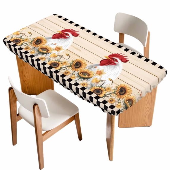 Sunflowers Rooster Table Cloths for 6 Foot Rectangle Tables, Farmhouse Vintage Beige Wooden Plaid Patio Waterproof Elastic Fitted Tablecloths, Washable Rectangular Table Cover for Camping