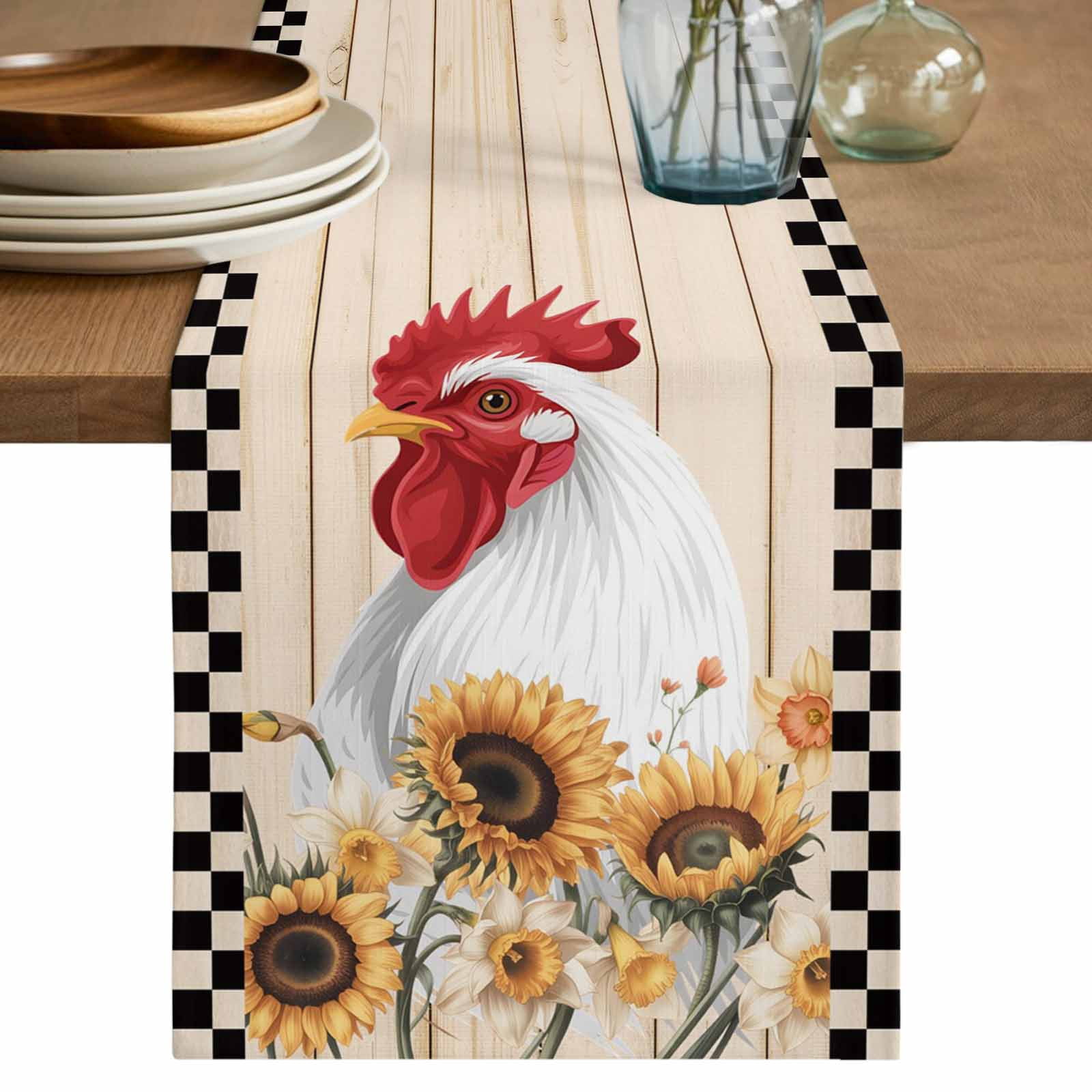 Sunflowers Rooster Table Runner 120 Inches, Farmhouse Vintage Beige ...