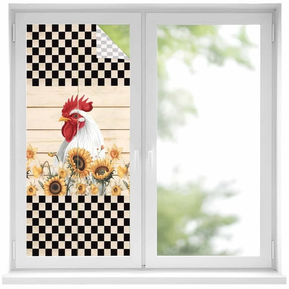 Sunflowers Rooster Window Privacy Film, Farmhouse Vintage Beige Wooden Plaid Static Cling UV Sun Blocking Heat Control Window Tint Day and Night, Non-Adhesive One Way Privacy Cover 19.6''x39.3''