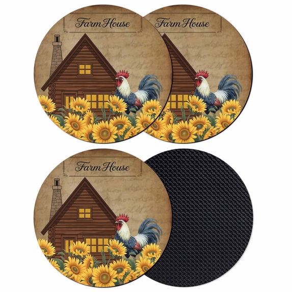 Sunflowers Roosters Coasters Set of 4, Absorbent Coasters for Drinks, Vintage Farmhouse Farm Countryside Coaster for Desk Coffee Table Protection, Home Decor House Warming Gifts 4"