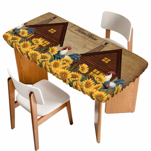 Sunflowers Roosters Table Cloths for 6 Foot Rectangle Tables, Vintage Farmhouse Farm Countryside Patio Waterproof Elastic Fitted Tablecloths, Washable Rectangular Table Cover for Camping