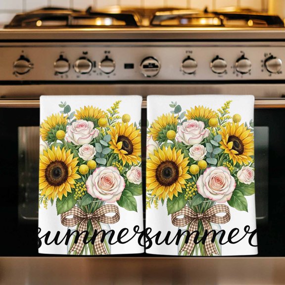 Sunflowers Rose Kitchen Towels Set of 1, Summer Botanical Eucalyptus Leaves Plaid Absorbent Dish Towels for Kitchen, Microfiber Hand Towel, Quick Drying Tea Towel for Cleaning Decorative Dishcloths