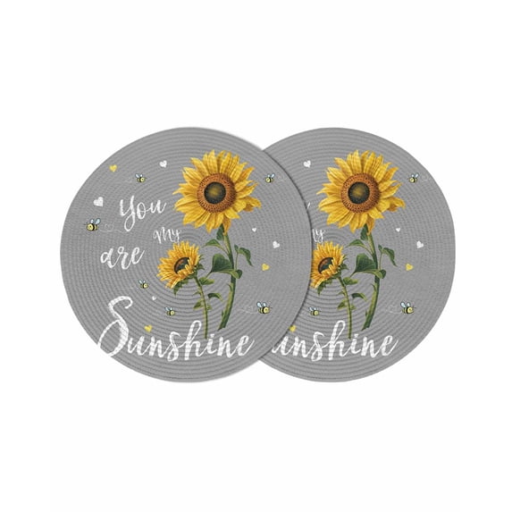 Sunflowers Round 13 Inch Placemats Set of 2, Spring Summer Bees Yellow Floral Grey HeatResistant Non Slip Place Mats for Dining Table, Wipeable Braided Kitchen Table Mats for Housewarming
