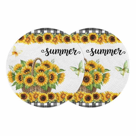 Sunflowers Round 13 Inch Placemats Set of 2, Summer Botanical Yellow Floral Butterfly Plaid HeatResistant Non Slip Place Mats for Dining Table, Wipeable Braided Kitchen Table Mats for Housewarming