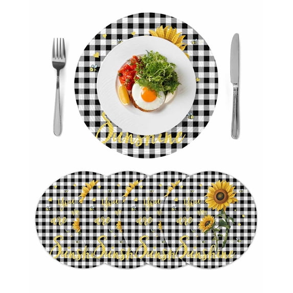 Sunflowers Round 13 Inch Placemats Set of 4, Spring Summer Bees Floral Black Plaid HeatResistant Non Slip Place Mats for Dining Table, Wipeable Braided Kitchen Table Mats for Housewarming