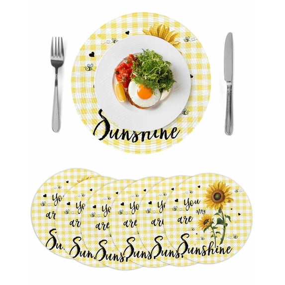 Sunflowers Round 13 Inch Placemats Set of 6, Spring Summer Bees Floral Yellow Plaid HeatResistant Non Slip Place Mats for Dining Table, Wipeable Braided Kitchen Table Mats for Housewarming