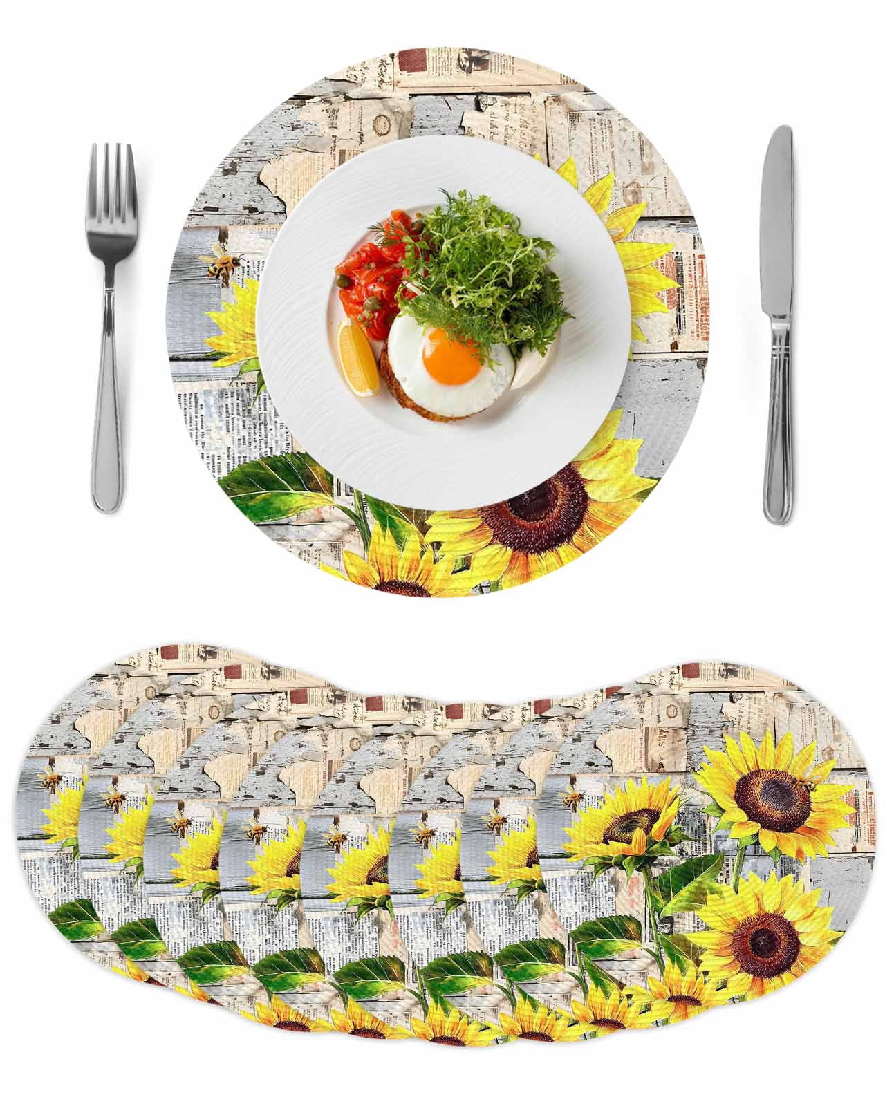 Sunflowers Round 13 Inch Placemats Set of 8, Botanical Floral Farmhouse ...