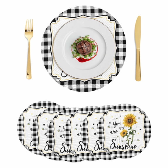 Sunflowers Round 15 Inch Placemats Set of 6, Yellow Floral Botanical Black White Plaid Farmhouse HeatResistant Non Slip Place Mats for Dining Table, Wipeable Kitchen Table Mats for Housewarming