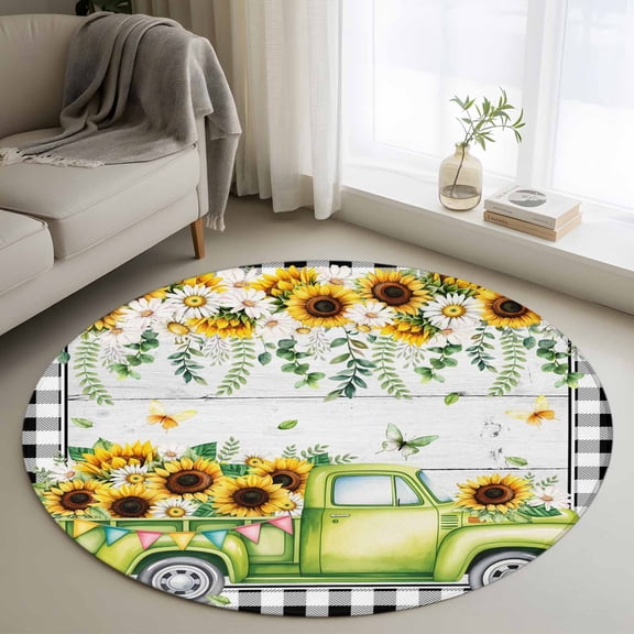 Sunflowers Round Area Rug 3Ft Washable Small Circle Rugs for Kitchen Entryway, Spring Farmhouse Country Truck Leaf Wood Grain Non-Slip Carpet Floor Mats Indoor Outdoor Carpet Runner Home Decor