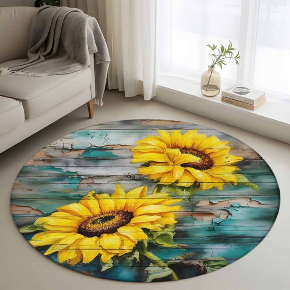 Sunflowers Round Area Rug 4 FT, Non Slip Indoor Outdoor Rug, Farmhouse Retro Botanical Floral Wooden Grain Washable Soft Circular Carpet Non-Shedding Floor Mat for Coffee Table Nursery Foyer Balcony