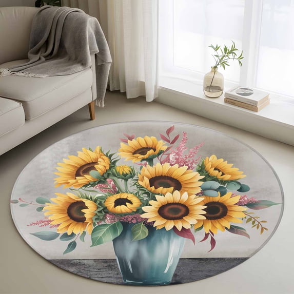 Sunflowers Round Area Rug 4Ft Washable Circle Rugs for Bedroom Dining Room, Spring Botanical Yellow Floral Vases Retro Non-Slip Carpet Floor Mats Indoor Outdoor Carpet Runner Aesthetic Home Decor