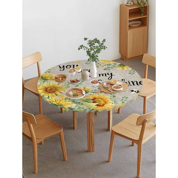 Sunflowers Round Fitted Tablecloth with Elastic Edge, Country Watercolor Summer Floral Bee Linen Texture Waterproof Stretch Table Covers for 55"-60" Tables Wipeable Table Cloth for Outdoor