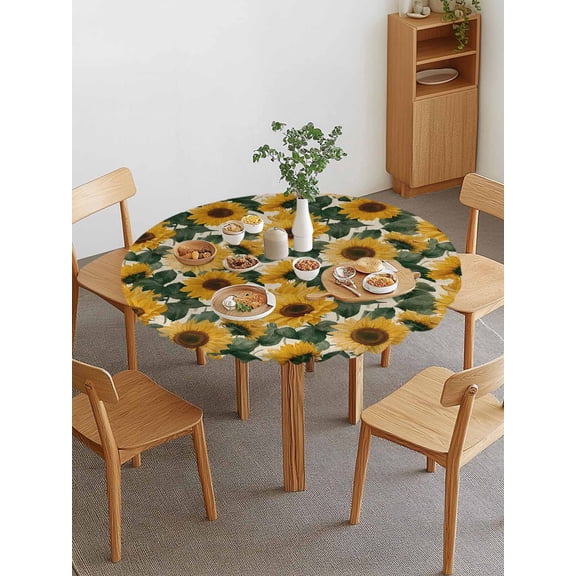 Sunflowers Round Fitted Tablecloth with Elastic Edge, Vintage Watercolor Yellow Sunflower Floral Leaf Linen Texture Waterproof Stretch Table Covers for 55"-60" Tables Wipeable Table Cloth for Outdoor