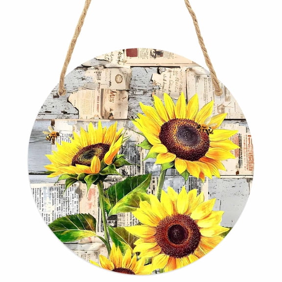 Sunflowers Round Front Door Welcome Sign, 5.9 Inch Wall Hanging Decor for Indoor Outdoor, Botanical Floral Farmhouse Retro Wood Grain Home Porch Hanger Decorations for Holiday Gift