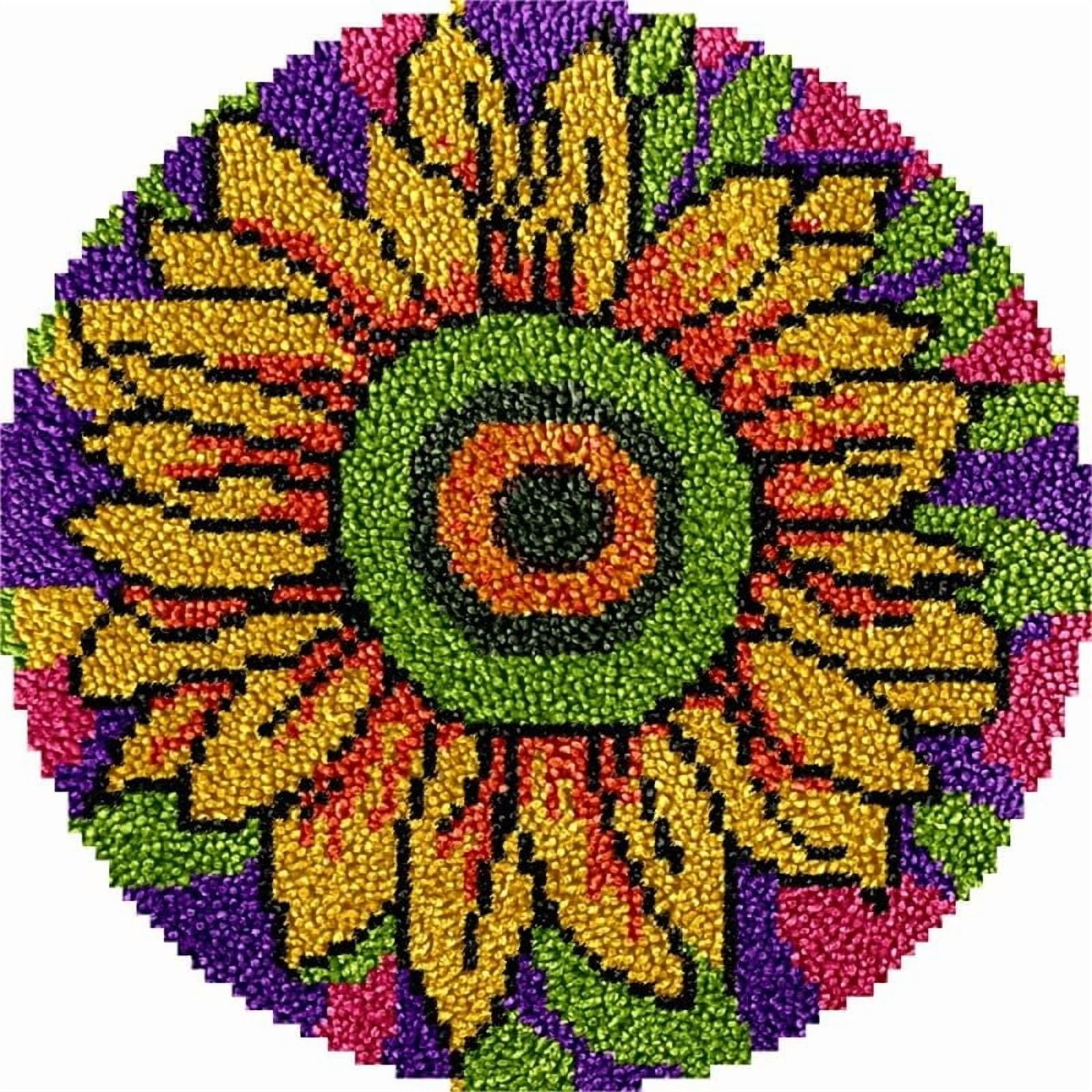 Sunflowers Round Shape Latch Hook Rug Kits Set for Starter Crochet Hook Cushion Mat Sofa Seat Cushion Crocheting Kits with Preprinted Canvas Crochet Yarn Kits 50X50cm (ui84)