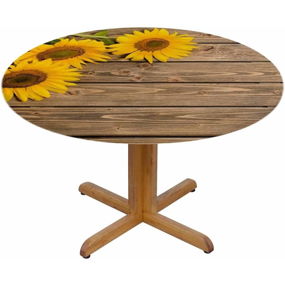 Sunflowers Round Table Cloth Wooden Left Top Corner Three Flowers Elastic Edged Table Cover Fade and Stain Resistant Table Cloths Easy to Clean Fits Tables 40-44" Diameter