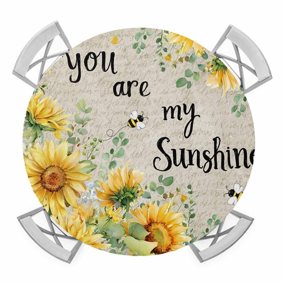 Sunflowers Round Table Cover, Country Watercolor Summer Floral Bee Linen Texture Waterproof Fitted Tablecloths for 36"-44" Tables, Washable Picnic Table Cover for Camping Dining Indoor Outdoor