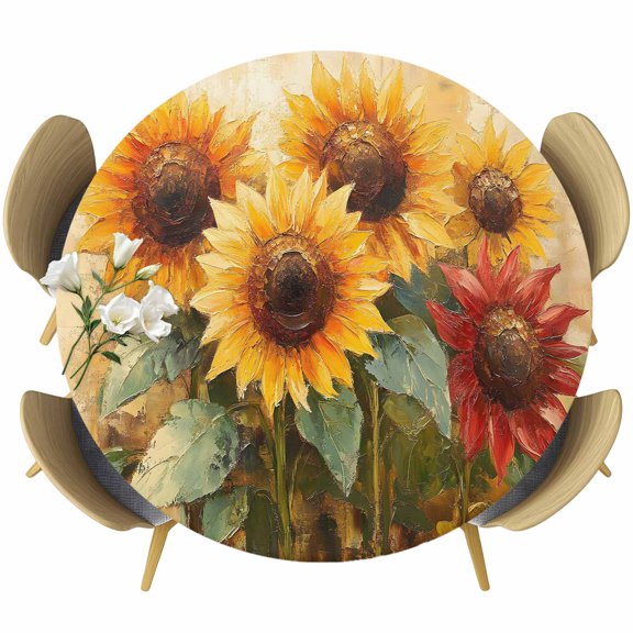 Sunflowers Round Tablecloth 36-44 Inch Round Fitted Table Cloth with Elastic Edge, Abstract Oil Painting Floral Leaf Plant Waterproof Table Cover Protector for Outdoor Picnic Party Dining