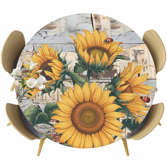 Sunflowers Round Tablecloth 36-44 Inch Round Fitted Table Cloth with Elastic Edge, Country Vintage Botanical Flowers Newspaper Waterproof Table Cover Protector for Outdoor Picnic Party Dining