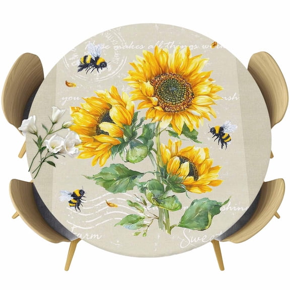 Sunflowers Round Tablecloth 36-44 Inch Round Fitted Table Cloth with Elastic Edge, Farmhouse Botanical Yellow Flowers Bee Retro Waterproof Table Cover Protector for Outdoor Picnic Party Dining