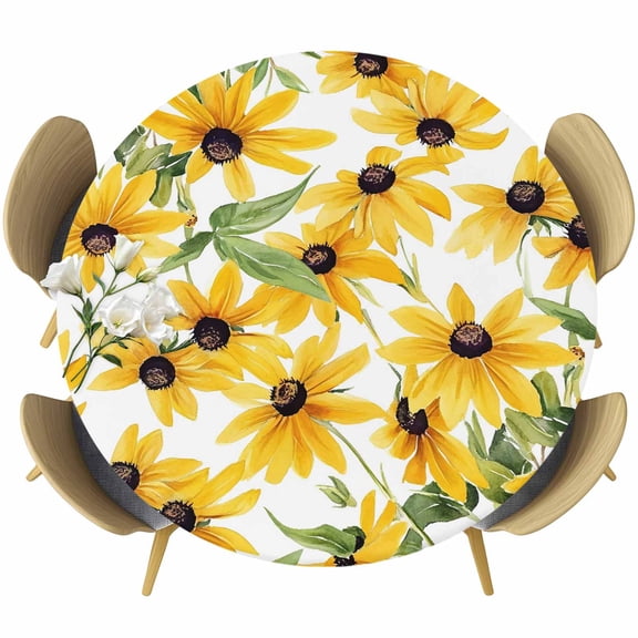Sunflowers Round Tablecloth 36-44 Inch Round Fitted Table Cloth with Elastic Edge, Yellow Botanical Floral Green Leaf Waterproof Table Cover Protector for Outdoor Picnic Party Dining