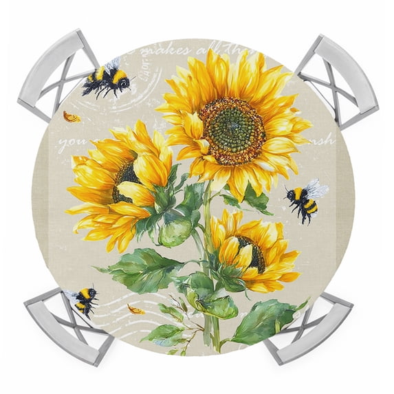 Sunflowers Round Tablecloth for 36-44 Inch Tables,Fitted Table Cover with Elastic Edge,Farmhouse Botanical Yellow Flowers Bee Retro Waterproof Outdoor Table Cloth Protector for Patio Garden Dinner