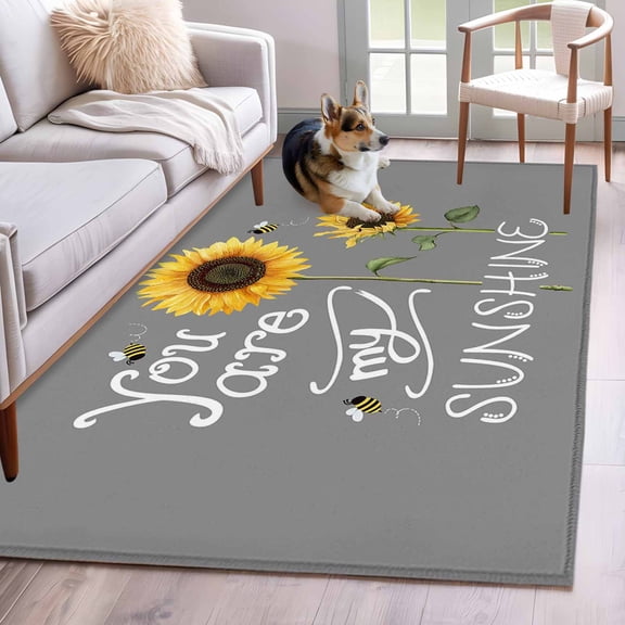 Sunflowers Runner Rug 2.7x5 FT, Non Slip Entryway Carpet, Modern Bee You Are My Sunshine Grey Washable Soft Floor Carpet Entrance Mat Non-Shedding Throw Rug for Hallway Laundry Room Bedside