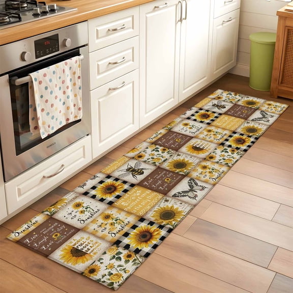 Sunflowers Runner Rug 2x6 FT, Non Slip Hallway Carpet, Retro Country Butterfly Bee Floral Plaid Washable Floor Carpet Throw Runner Carpet Long Rug for Entryway Kitchen Bedside Sliding Door