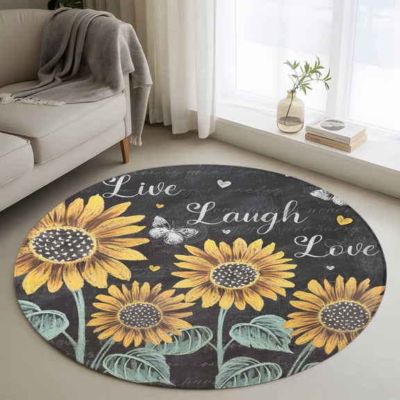Sunflowers Rustic 3ft Round Rug, Spring Summer Pastoral Flowers Black Non-Skid Rubber Backing Large Area Rugs - Living Room Bedroom Home Office, Indoor Floor Mat Carpets Washable Rug