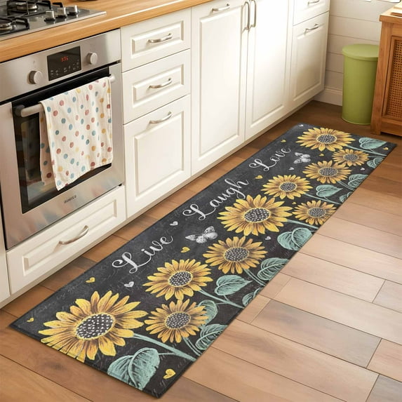 Sunflowers Rustic Area Rugs 2x6 for Kitchen Runner Rug, Spring Summer Pastoral Flowers Black Non Slip Washable Rug Runner, Low Pile Indoor Floor Carpet Mat Bathroom Rugs for Bedroom, Kids Room