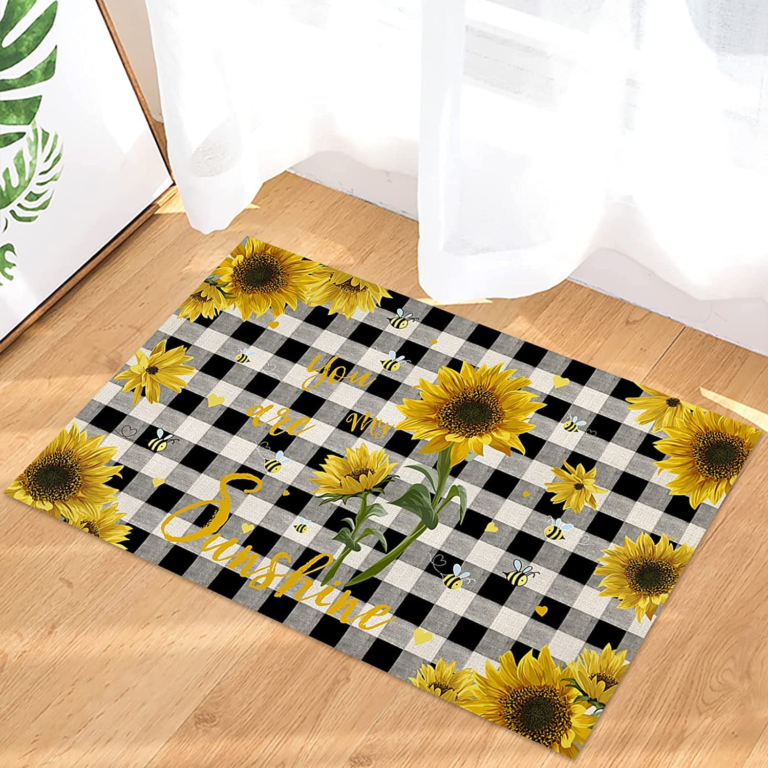Sunflowers Rustic Floral Vintage Balck White Buffalo Plaid Indoor