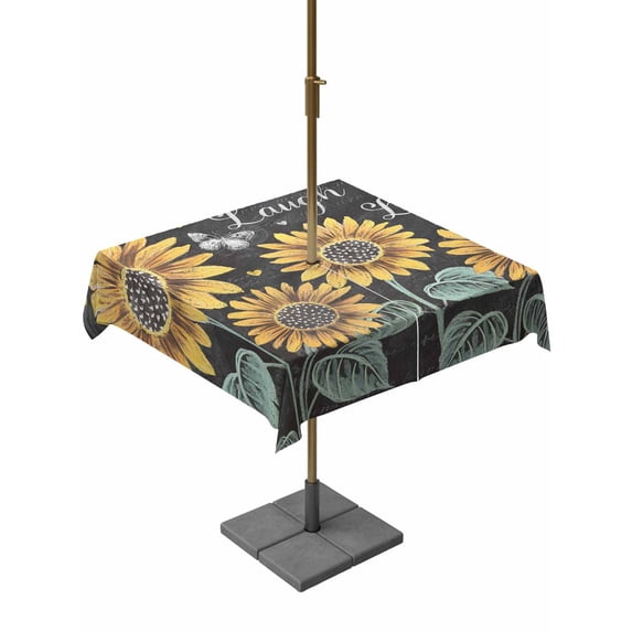 Sunflowers Rustic Outdoor Tablecloth with Umbrella Hole, Spring Summer Pastoral Flowers Black Spillproof Waterproof Outdoor Table Cover, Patio Tablecloths for Party/Garden/Picnic, Square 60"x60"