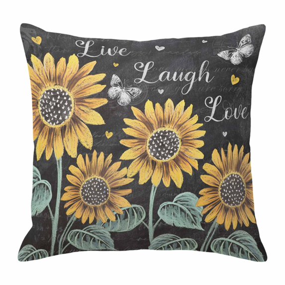 Sunflowers Rustic Pillow Covers 16x16 Inch, Spring Summer Pastoral Flowers Black Linen Pillowcase with Invisible Zipper, Decorative Throw Pillow Covers Cushion Case for Couch Sofa Bed Living Room