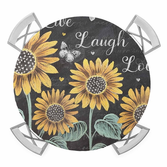 Sunflowers Rustic Round Fitted Tablecloth with Elastic Edge, Waterproof Table Cloth Table Cover for 36"-44" Tables, Spring Summer Pastoral Flowers Black Tablecloths for Dining Picnic Indoor Outdoor