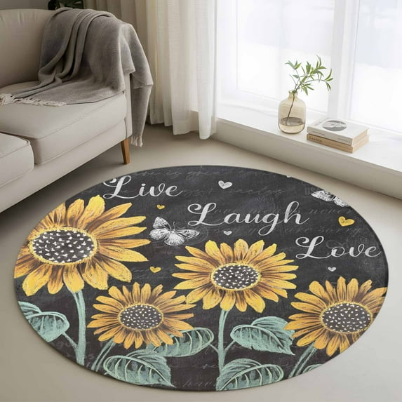 Sunflowers Rustic Round Rugs 3.3ft, Spring Summer Pastoral Flowers Black Non Slip Washable Rug Runner, Low Pile Indoor Floor Carpet Mat Bathroom Rugs for Living Room, Bedroom, Kids Room