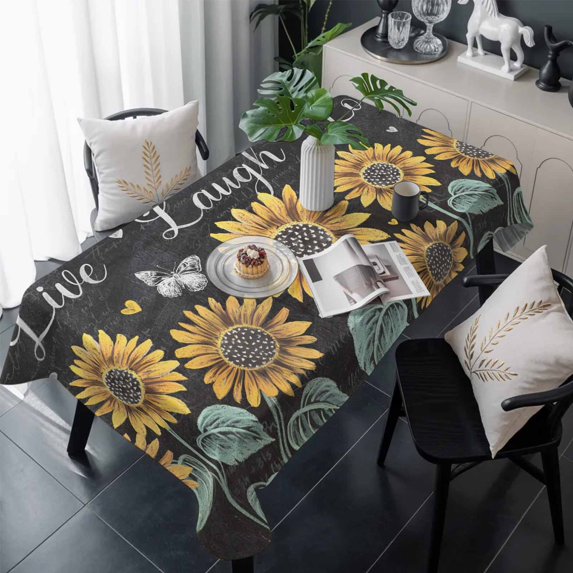 Sunflowers Rustic Table Cloth Waterproof Tablecloths, Spring Summer Pastoral Flowers Black Tablecloth Dining Table Cover for Kitchen Party Tabletop Outdoor, Rectangle Tablecloth 60x120 Inch