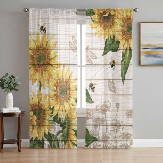 Sunflowers Semi Sheer Curtains 108 Inch Length 2 Panels Set, Farmhouse Botanical Flowers Bees Wooden Sheer Kitchen Curtain Privacy Voile Window Curtain for Living Room Bedroom Rod Pocket Drapes