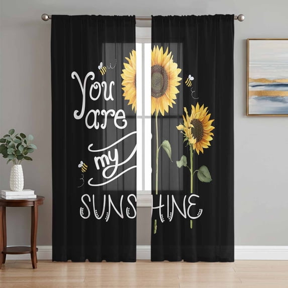 Sunflowers Semi Sheer Curtains 108 Inch Length 2 Panels Set, Modern Bee You Are My Sunshine Black Sheer Kitchen Curtain Privacy Voile Window Curtain for Living Room Bedroom Rod Pocket Drapes