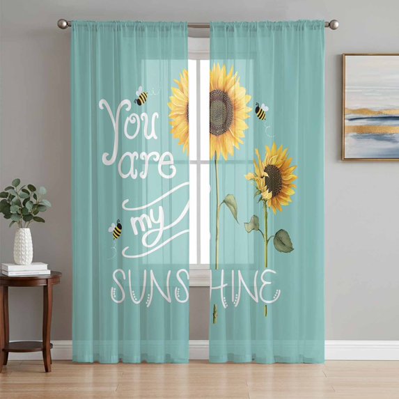 Sunflowers Semi Sheer Curtains 96 Inch Length 2 Panels Set, Modern Bee You Are My Sunshine Teal Green Sheer Kitchen Curtain Privacy Voile Window Curtain for Living Room Bedroom Rod Pocket Drapes