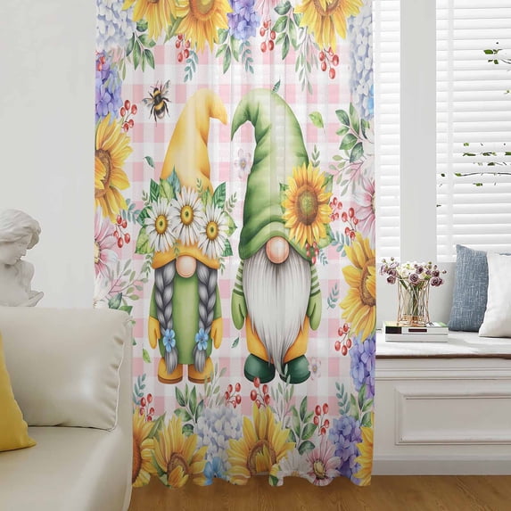 Sunflowers Semi Sheer Curtains Drapes for Living Room,Bedroom,French Doors Window 96 Inches Long,Spring Gnomes Hydrangea Daisy Flowers Pink Plaid Rod Pocket Chiffon Curtain Voile Drapery Panel