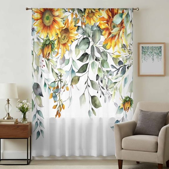 Sunflowers Sheer Curtains 108" Extra Long, Eucalyptus Leaves Spring Floral Summer Botancial Light Filering Curtains, Privacy Drapes Simi Floor to Veiling Curtain for Living Room Window Treatment