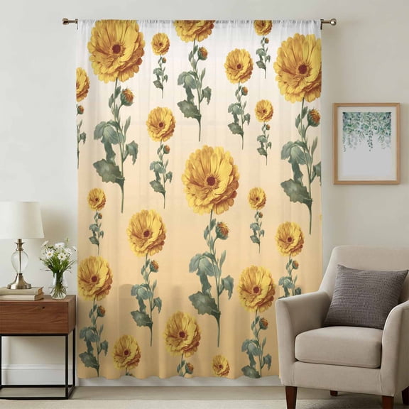 Sunflowers Sheer Curtains 108" Extra Long for Living Room, Spring Yellow Botanical Flowers Floral Light Filtering Privacy Drapes, Breathable Semi Sheer Window Treatment for Floor to Ceiling Window