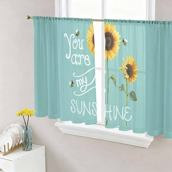 Sunflowers Sheer Curtains 54 Inch Length 2 Panels for Living Room, Modern Bee You Are My Sunshine Teal Green Voile Kitchen Curtain Set, Luxury Privacy Drapes Window Treatment for Bedroom
