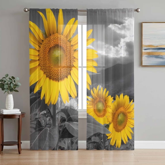 Sunflowers Sheer Curtains 84 Inch Length 2 Panels Set, Grey Farmhouse Botanical Floral Flowers Voile Window Treatment Rod Pocket Curtains Sheers Drapes for Bedroom/Living Room/Kitchen 52"x84"x2