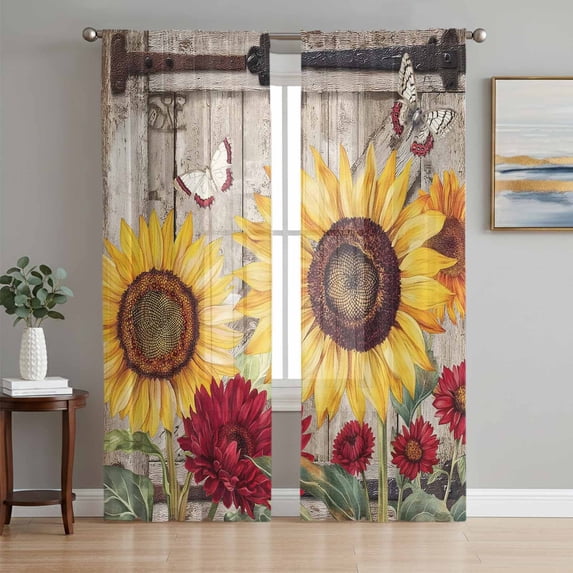 Sunflowers Sheer Curtains 84 Inch Length 2 Panels Set Window Treatments, Retro Flower Barn Doors Butterfly Farmhouse Brown Rod Pocket Semi Curtains for Living Room/Bedroom/Kitchen, 104"W x 84"L