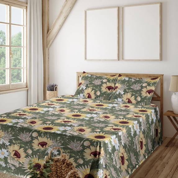 Ambesonne Sunflowers Fitted & Flat Sheet with Shams 4 Pcs Set, Nostalgic Floral Summer, Queen, Pastel Yellow Dark Rust