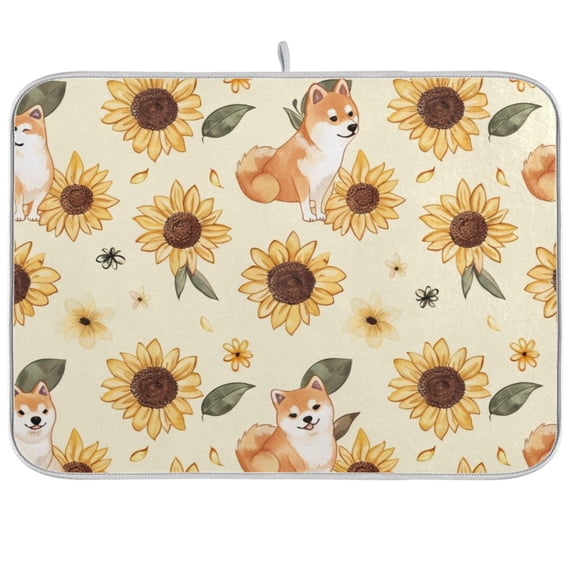 Sunflowers Shiba Inu Dogs Dish Drying Mat Dish Drainer Rack Mats Water Absorbent Non-Slip Easy Clean Heat Resistant for Kitchen Counter