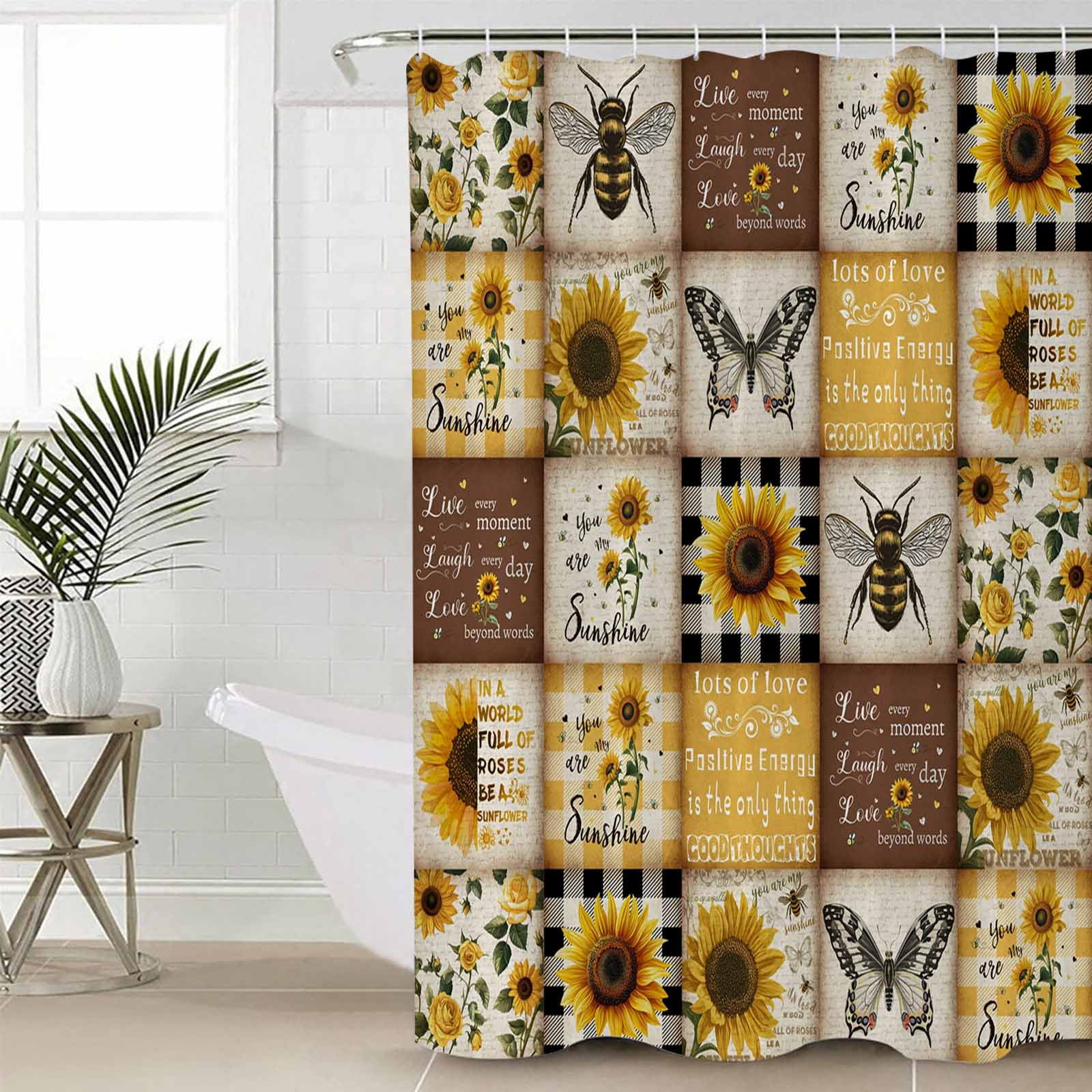 Sunflowers Shower Curtain Set, Waterproof Shower Curtains for Bathroom, Retro Country Butterfly Bee Floral Plaid Washable Fabric Cloth Bath Curtain for Bathtub Decoration with Hooks 54x78 Inches