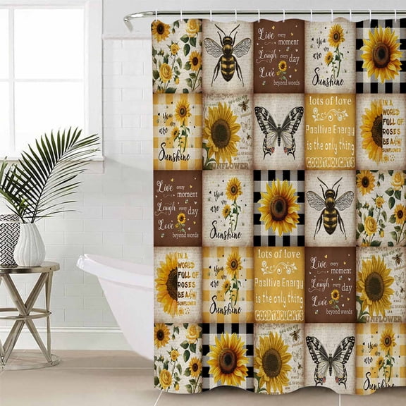 Sunflowers Shower Curtain Set, Waterproof Shower Curtains for Bathroom, Retro Country Butterfly Bee Floral Plaid Washable Fabric Cloth Bath Curtain for Bathtub Decoration with Hooks 54x78 Inches